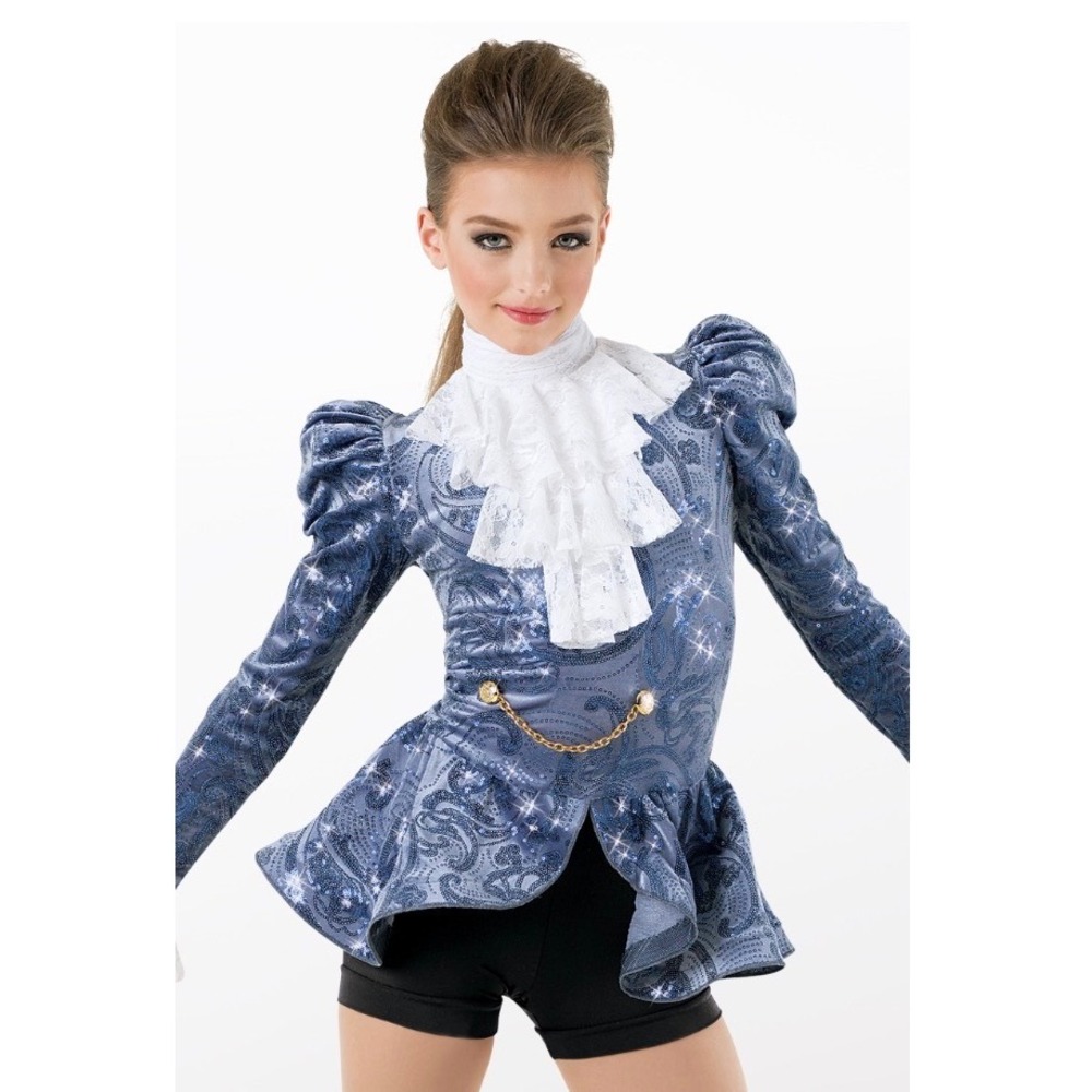 Weissman Purple Rain Blue SA Sequin Velvet Dance Costume Lace Jabot Puff Sleeve